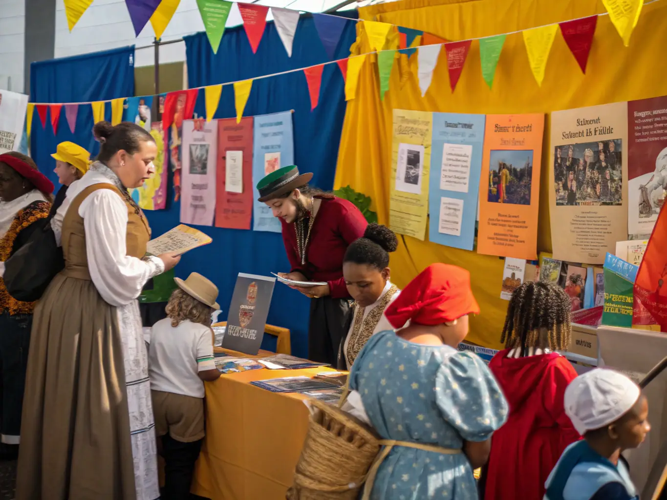 A vibrant scene from an ARPA public event, featuring historical reenactments, local artisans, and community members enjoying the festivities.